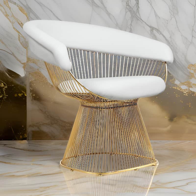 Mimi 27 Inch Accent Armchair, Gold Slatted, Padded Back, White Faux Leather