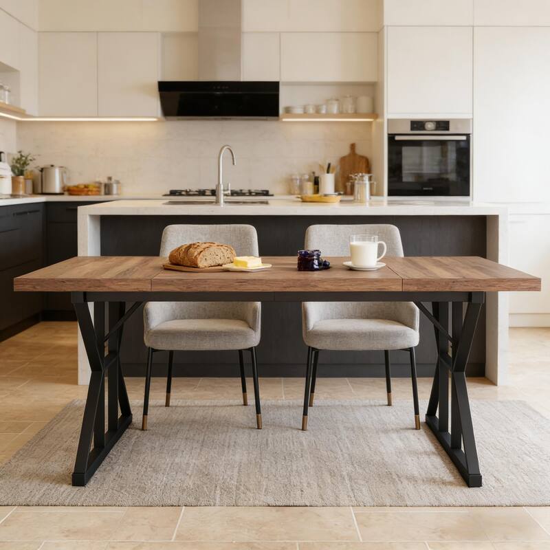 Dining Table for 6, Wood Kitchen Table with Trestle Base, Kitchen Table Meeting Table with X-shaped Accents