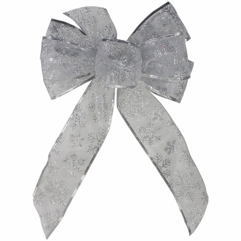 14" x 9" Snowflake 6 Loop Christmas Bow Decoration - 14" x 9" - Sheer Silver