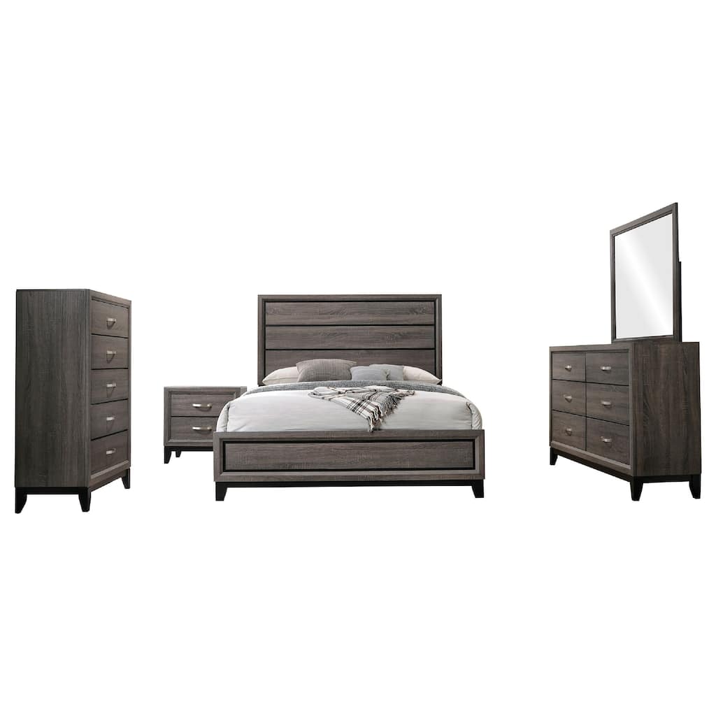 Mela 5pc Cal King Bed Set, Nightstand, Tall Chest, Mirror, Oak Gray