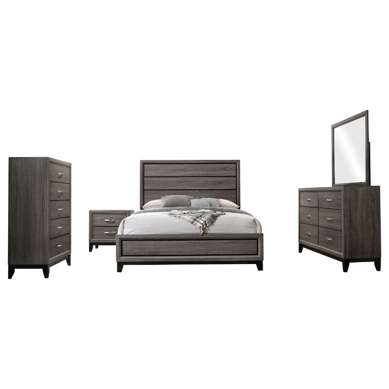 Mela 5pc Queen Bed Set, Nightstand Dresser Chest and Mirror, Oak Gray
