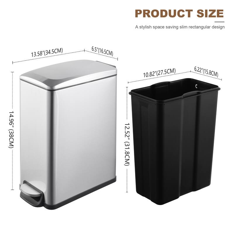 Innovaze 2.6 Gal./10 Liter Slim Stainless Steel Step-on Trash Can for Bathroom and Office