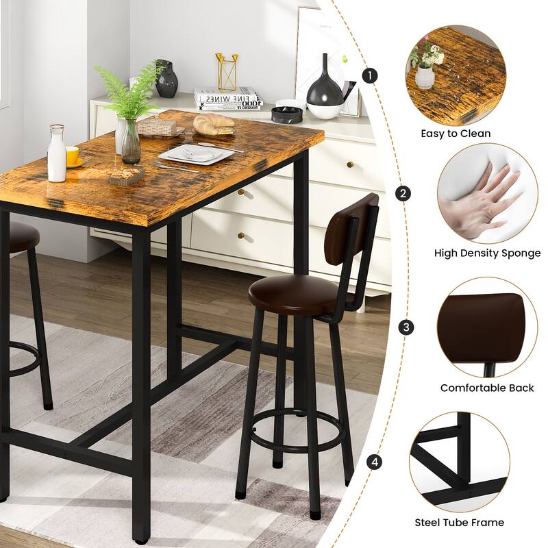 2 - Person Breakfast Nook Dining Set, Rectangular Pub Bistro Table and 2 Upholstered Chairs with Back for Home Kitchen