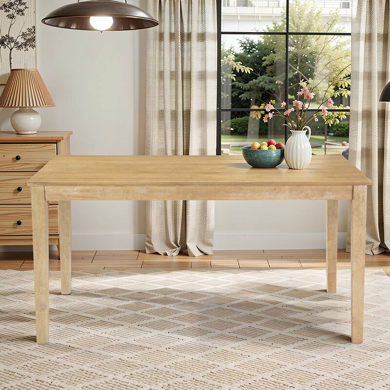 Farmhouse Style Solid Wood Dining Table, Rubberwood Legs With Adjustable Glides, Mdf + Rubberwood Veneer Top