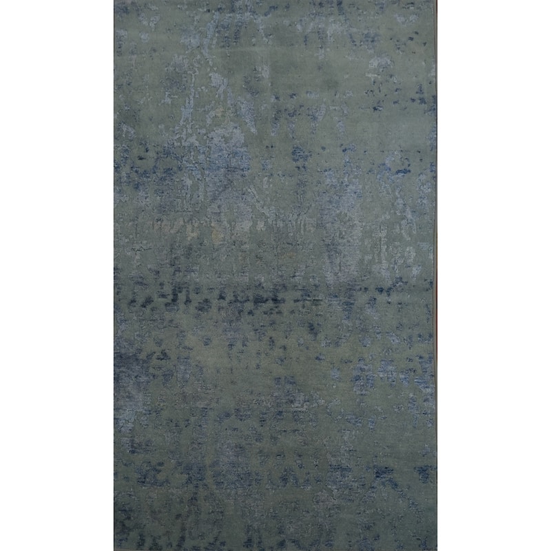 Hand Knotted Oriental Silk Carpet Modern Abstract Navy Blue & Blues Modern Area Rug - 5' 7'' X 3' 4''