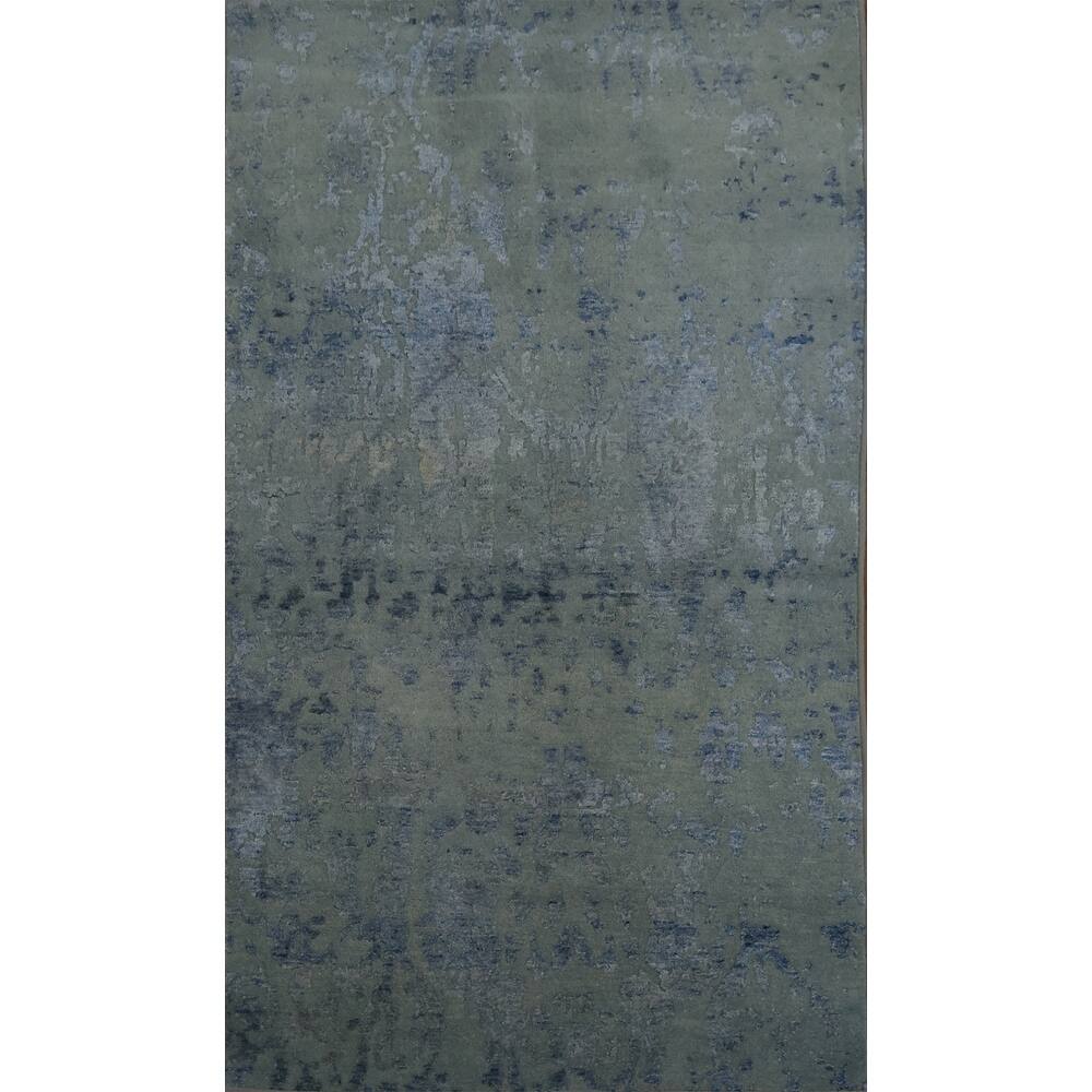 Hand Knotted Oriental Silk Carpet Modern Abstract Navy Blue & Blues Modern Area Rug - 5' 7'' X 3' 4''
