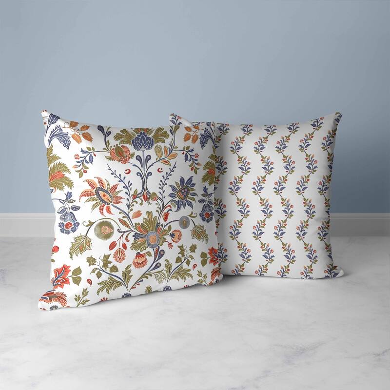 Jewel Toned Florals Faux Suede Reversible Throw Pillow White and Blue