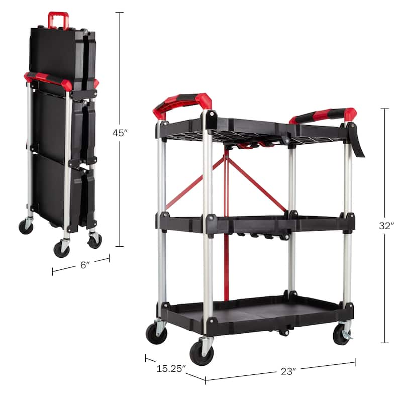 Collapsible Cart - Lightweight Folding Service Cart with 50lb Capacity Per Shelf - Foldable Cart with Wheels by Stalwart