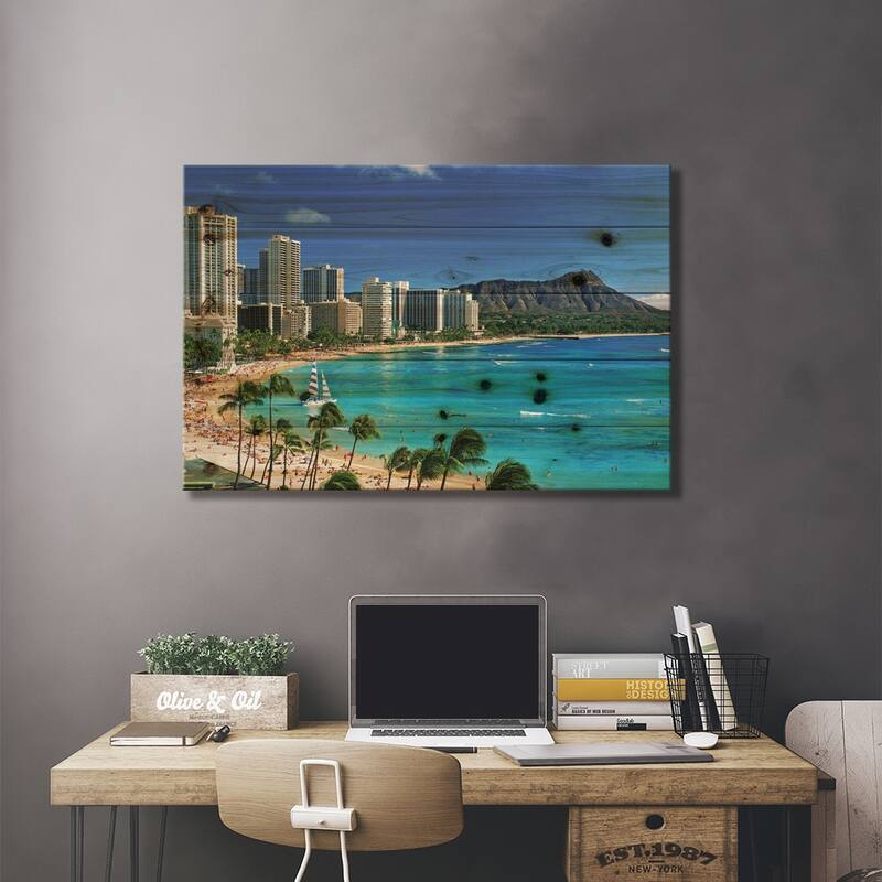 Palm Trees On The Beach, Diamond Head, Waikiki Beach, Oahu, Honolulu, Hawaii, USA Print On Wood by Panoramic Images