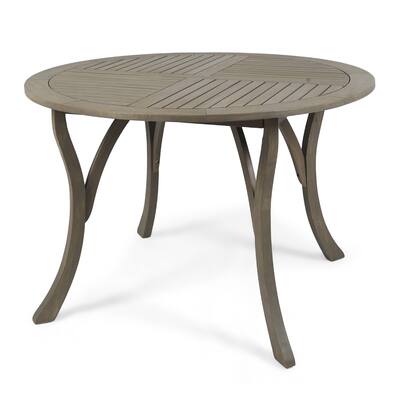 Olen Outdoor Round Dining Table, Curved Legs, Gray Acacia Wood 47 Inch