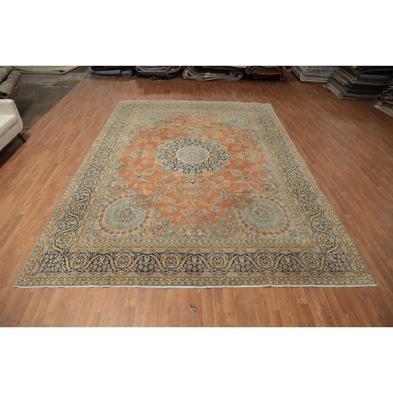 Hand Knotted Oriental 100% Wool Carpet Traditional Floral Oranges & Rust Kerman Area Rug - 13' 7'' X 10' 0''