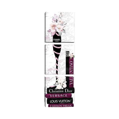 iCanvas "Champagne Glass With Flowers Pearls On Burgundy & Black Fashion Books" by Pomaikai Barron 3-Piece Canvas Wall Art Set