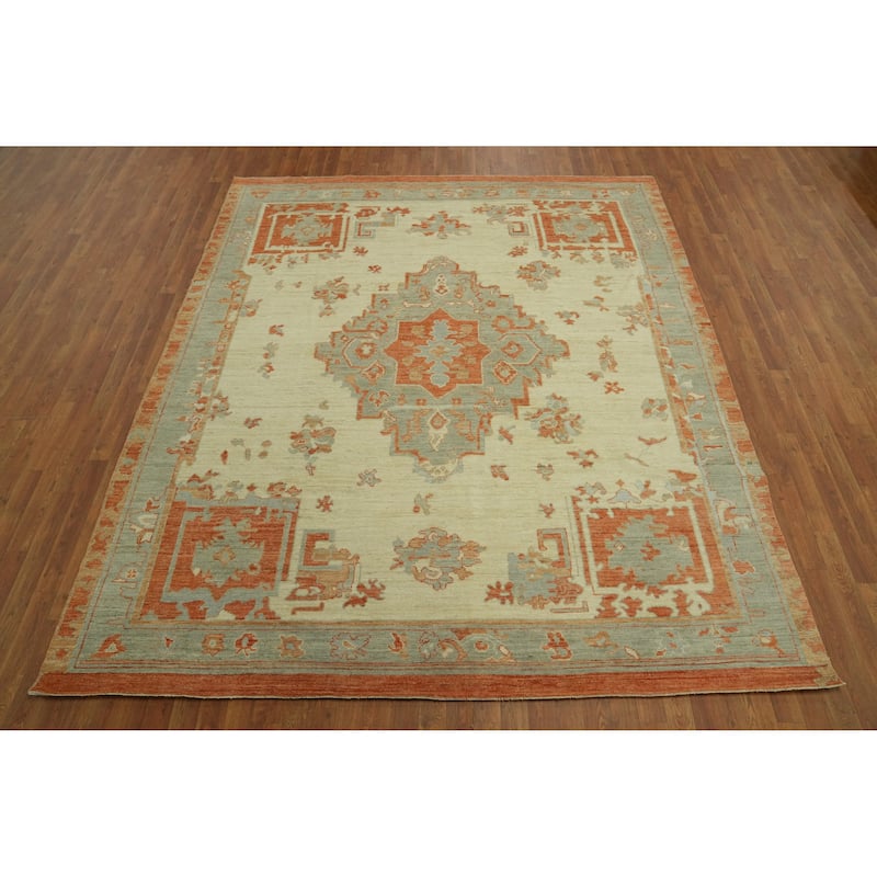 Vegetable Dye Wool Oushak Turkish Area Rug, Medallion Geometric Carpet - 9' 6'' X 8' 3''
