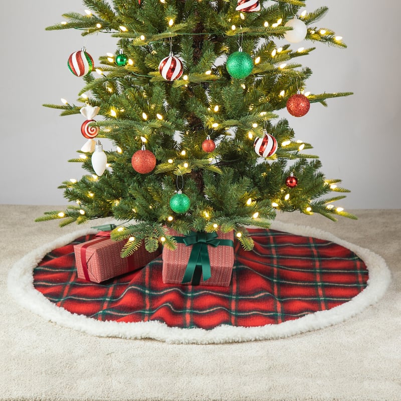 Glitzhome 48"-52"D Knitted Polyester Christmas Tree Skirt - 48"D-Red & Black