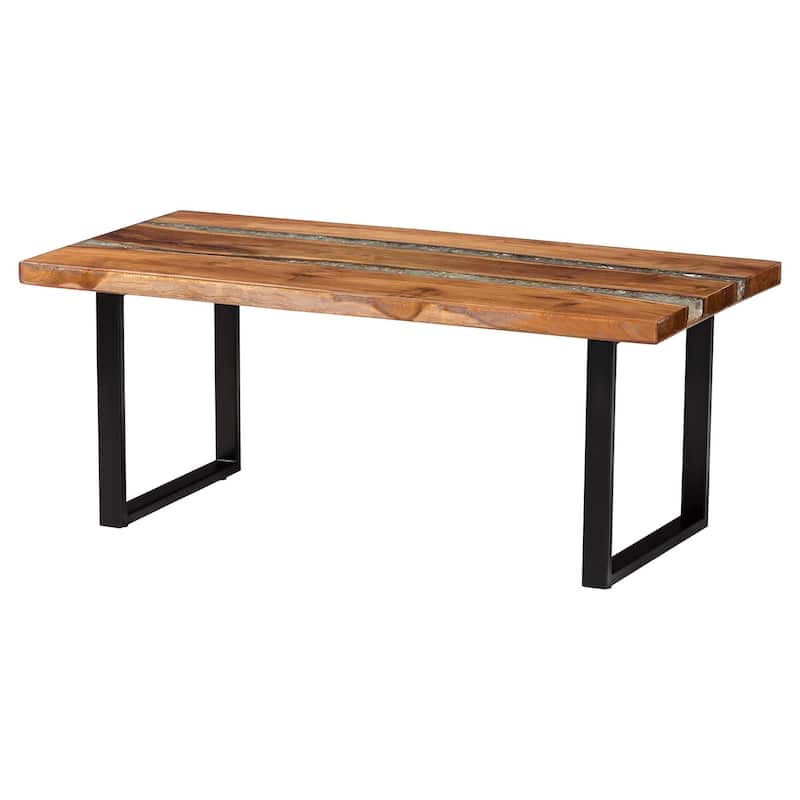 Apio Wood Epoxy Resin Coffee Table with Glass Inlay - Rectangular Live Edge Teak wood Accent Table with Black Metal Base - Natural Brown/White/Black