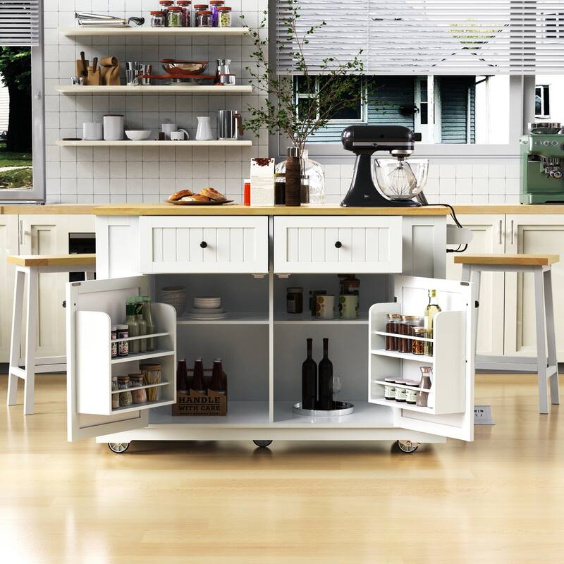 48"Kitchen Island with 2 Bar Stools,Power Outlet,Door Internal Storage Rack,5 Wheels,with Drop Leaf,5 Open Side Racks,2 Drawers - White
