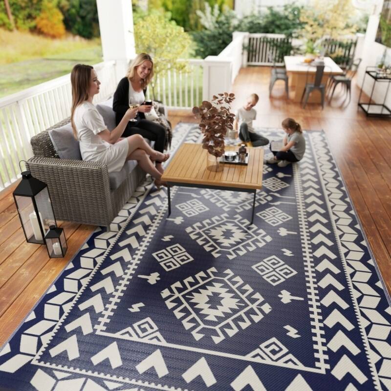 Reversible Outdoor Rug Rhombus Patchwork, UV-Protected, Foldable & Portable Polypropylene Mat - 215.7" L x 107.9" W