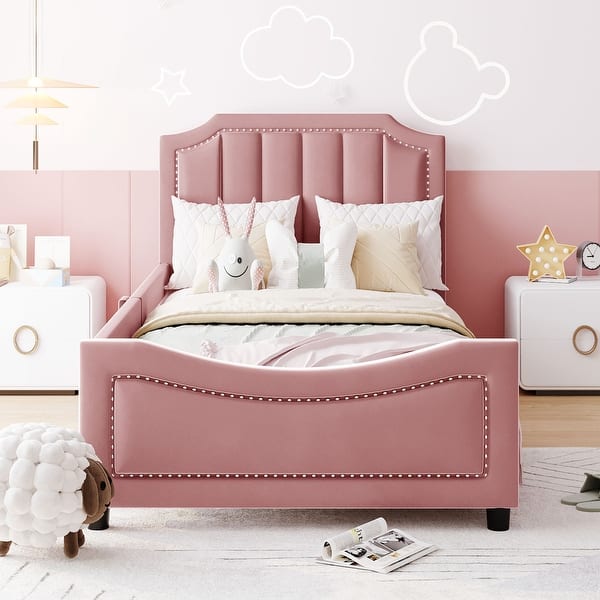 slide 2 of 33, Twin Size Platform Bed Velvet Upholstered Bed, Wooden Kids Bed with Soft Backrest Headboard for Boys Girls Comfortable Sleep Pink - Twin