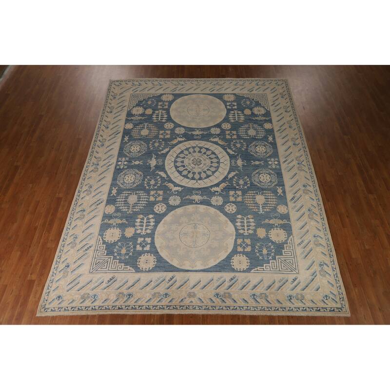 Hand Knotted Oriental 100% Wool Carpet Transitional Geometric Navy Blue & Blues Oushak Area Rug - 12' 0'' X 9' 2''