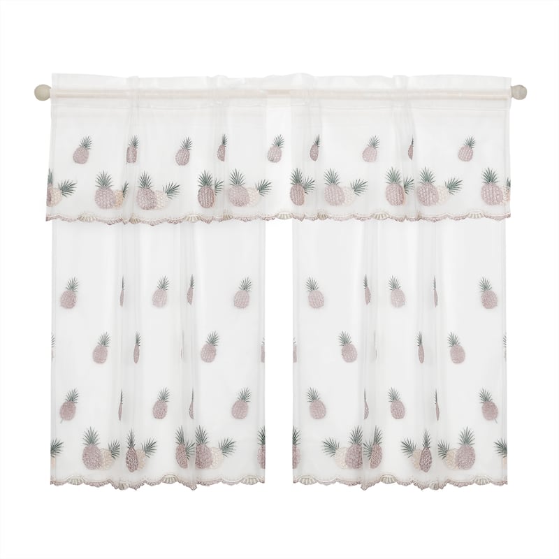 Violet Linen Lyon Pineapple Tropical Boutique Lace, 3pc Set 60"x 18" Valance, 30"x 36" Tiers, Decorative Window Kitchen Curtain - 1-Valance and 2-36" Tiers - Pineapple Tropical