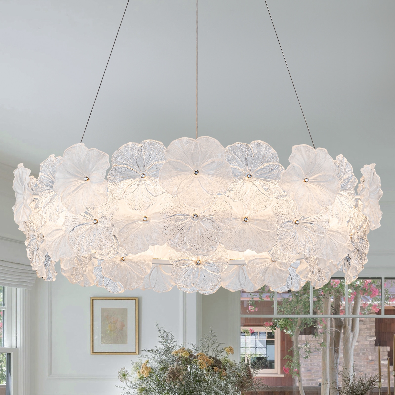 Modern LED Chandelier Clear & Frosted Glass Floral Petals Dimmable