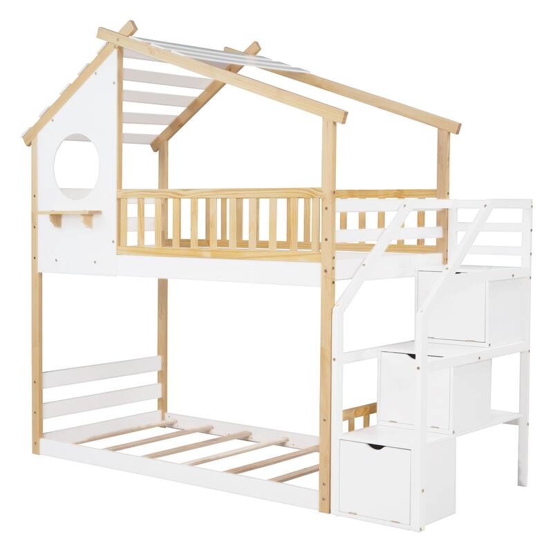 Stairway Twin-Over-Twin Bunk Bed, House Bed with Storage and Guard Rail, Natural Finish