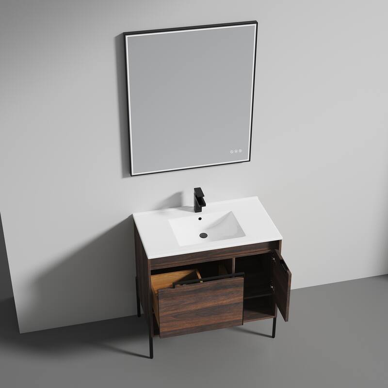 Freestanding Bathroom Vanity Set with Open Shelf & Topmounted Sink