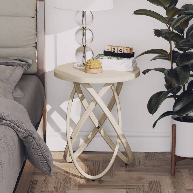 COZAYH Farmhouse End Table Round Wood Side Table Rustic Plant Stand With Intertwined Line Design