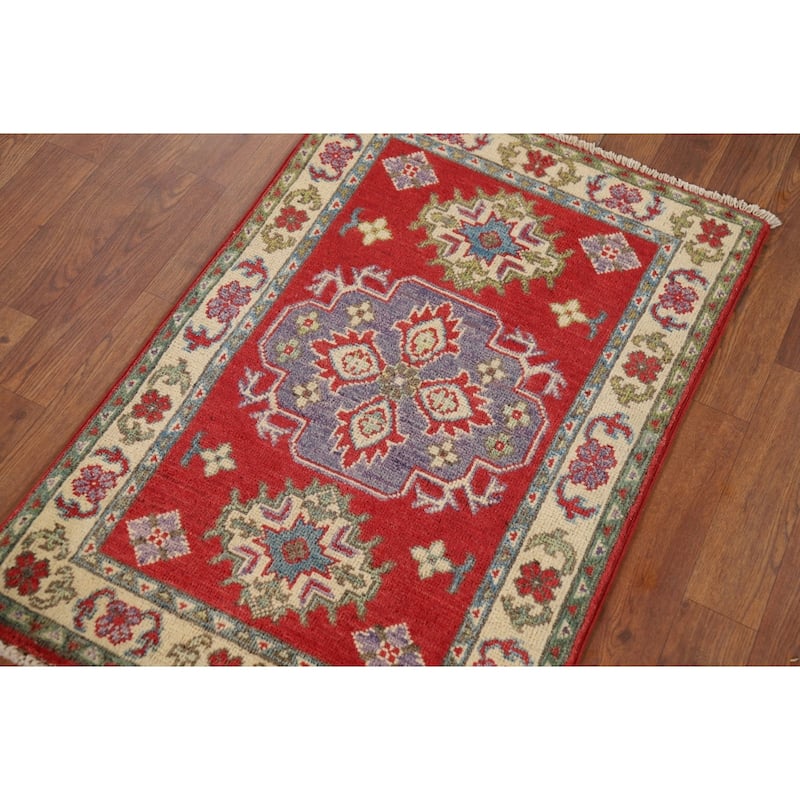 Hand Knotted Oriental 100% Wool Carpet Traditional Geometric Red Kazak Area Rug - 3' 1'' X 2' 1''