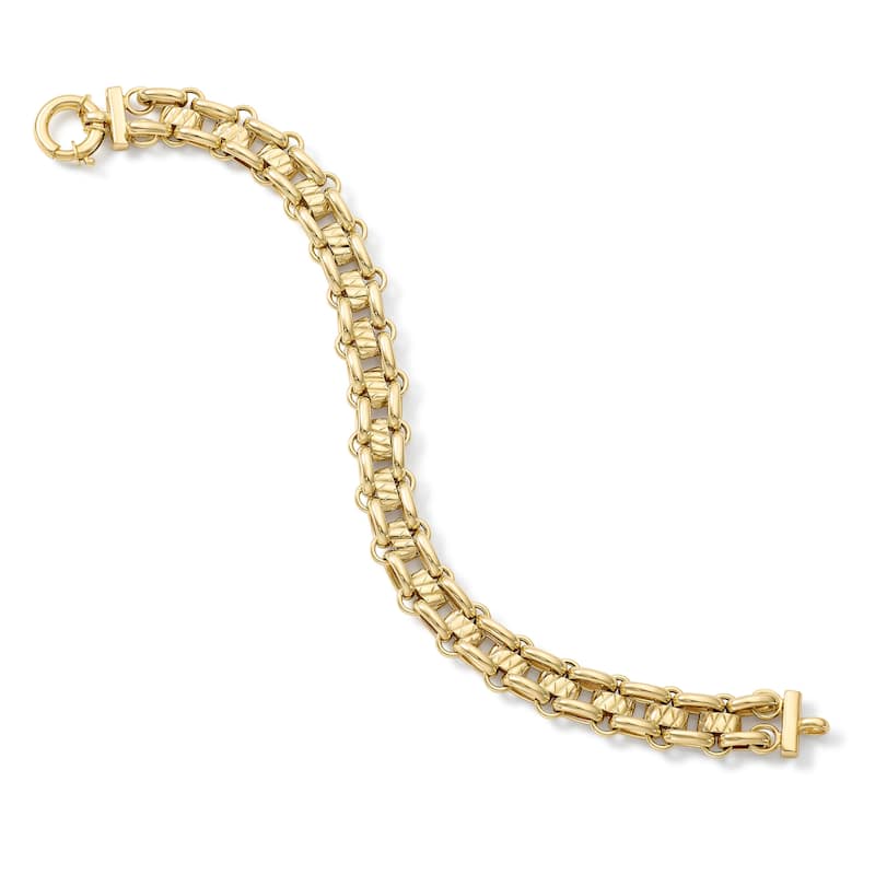 Clover 14K Yellow Gold Double Row Oval Link Bracelet with Diamond-Cut Barrel Stations - 7.5"