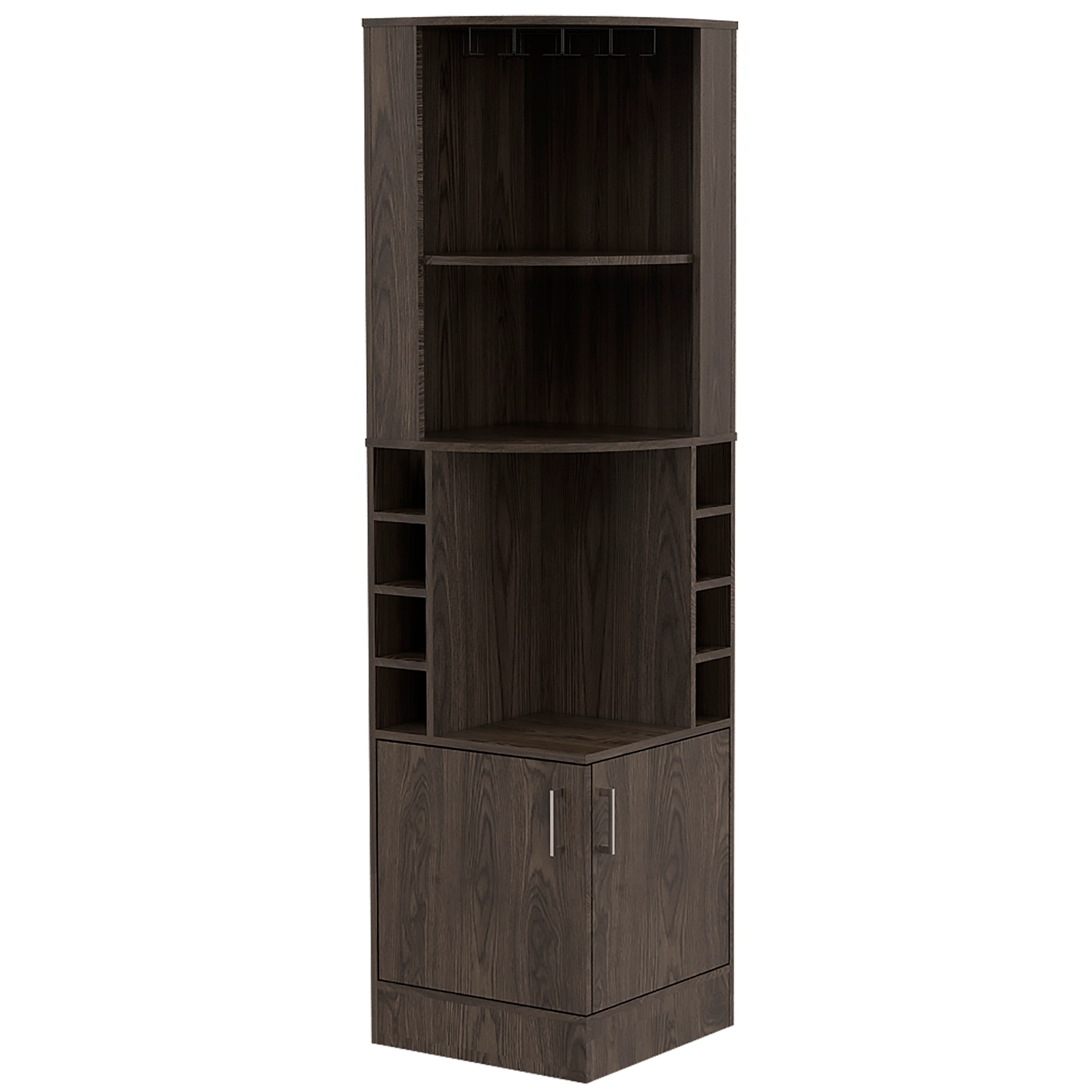 FM Furniture The Seattle Corner Bar Cabinet with 3 Open Shelves, Glass Rack, 8 Bottle Cubbies, and Double Doors