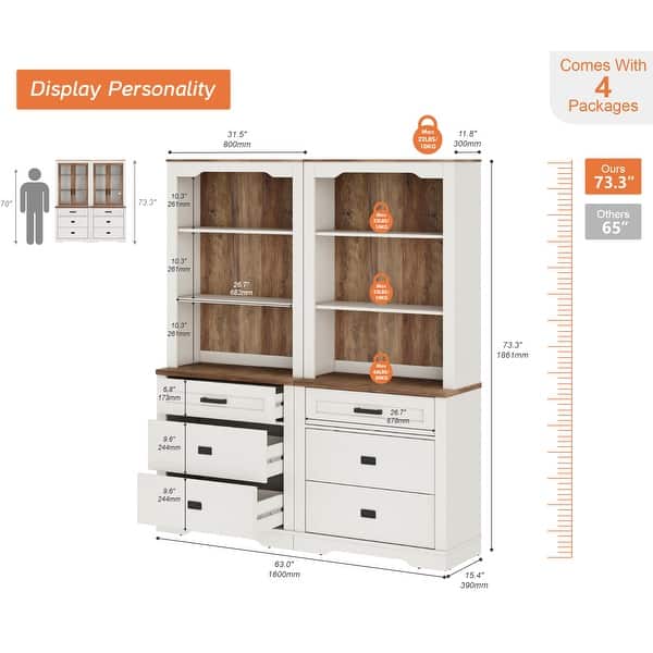 dimension image slide 2 of 9, 3 Tier Bookcase with Drawer,73.3" Tall Floor Standing Bookshelf
