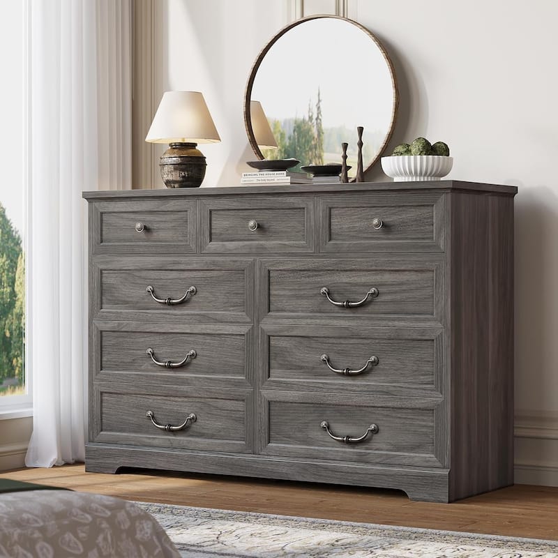 Farmhouse Drawers Dresser for Bedroom Storage Dressers Organizer - Grey - 9-drawer