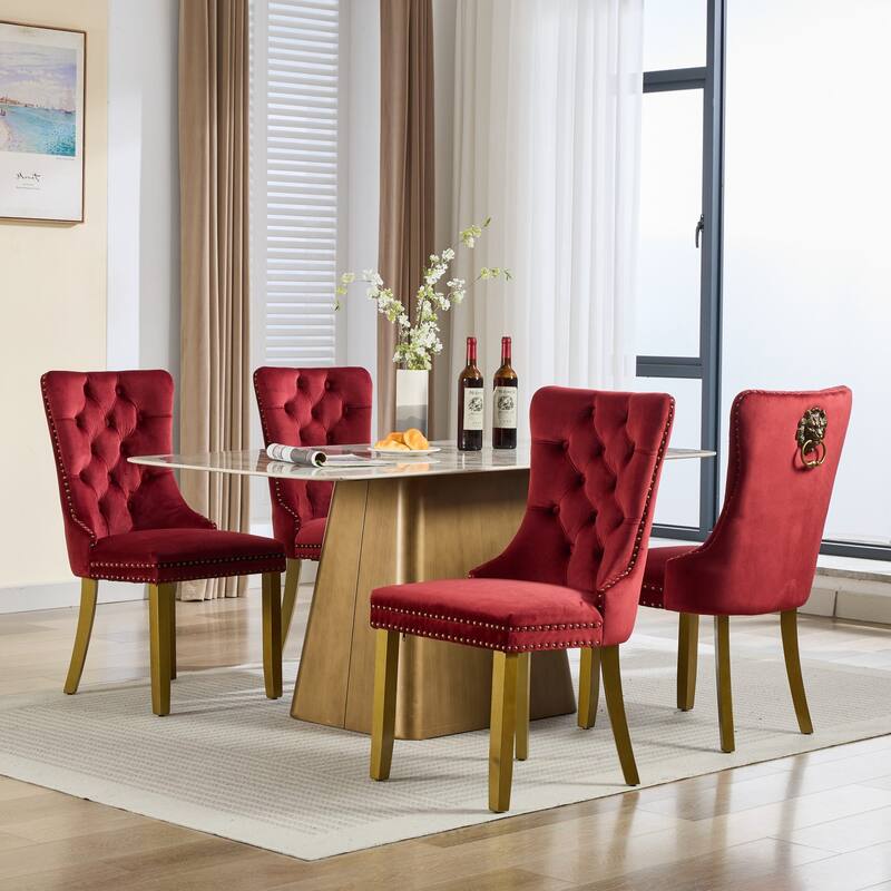 Velvet Dining Chairs Set of 2, Tufted Dining Chairs with Nailhead Trim, Kitchen Chairs with Lion Head Pulls Ring & Wooden Legs
