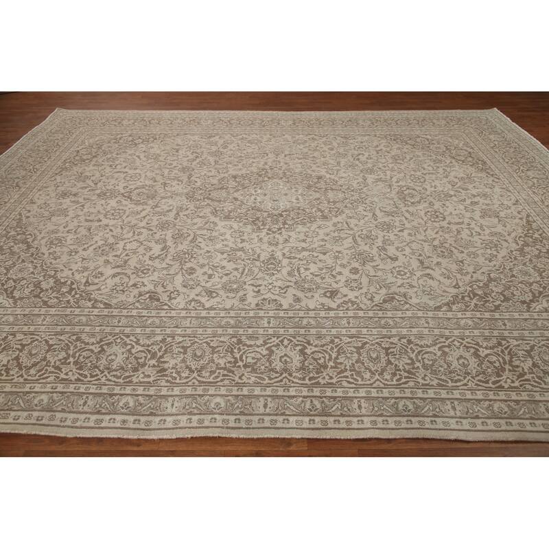 Hand Knotted Oriental 100% Wool Carpet Traditional Floral Beige & Ivories Mashad Area Rug - 12' 4'' X 9' 6''