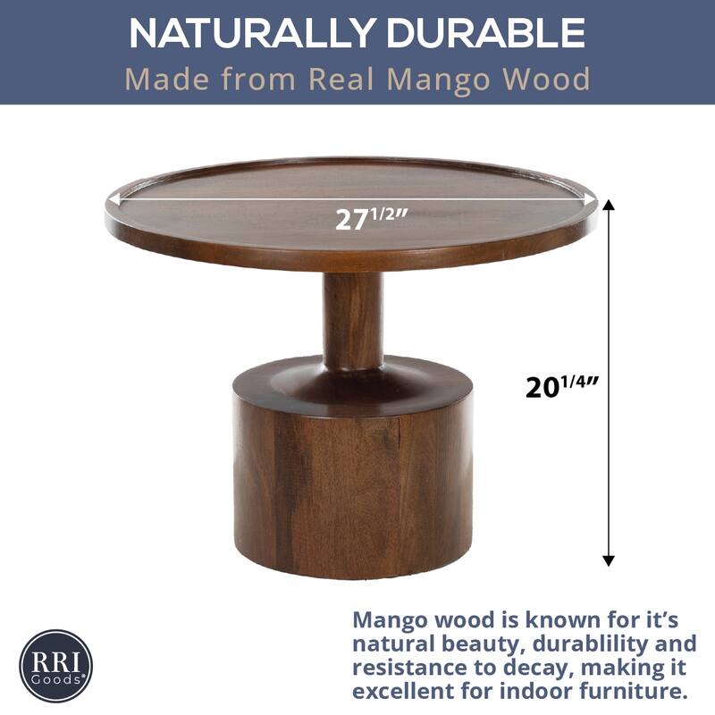 Round Mango Wood Coffee Table with Pedestal Base - 27.5" Accent Table with Rimmed Top - Dark Finish
