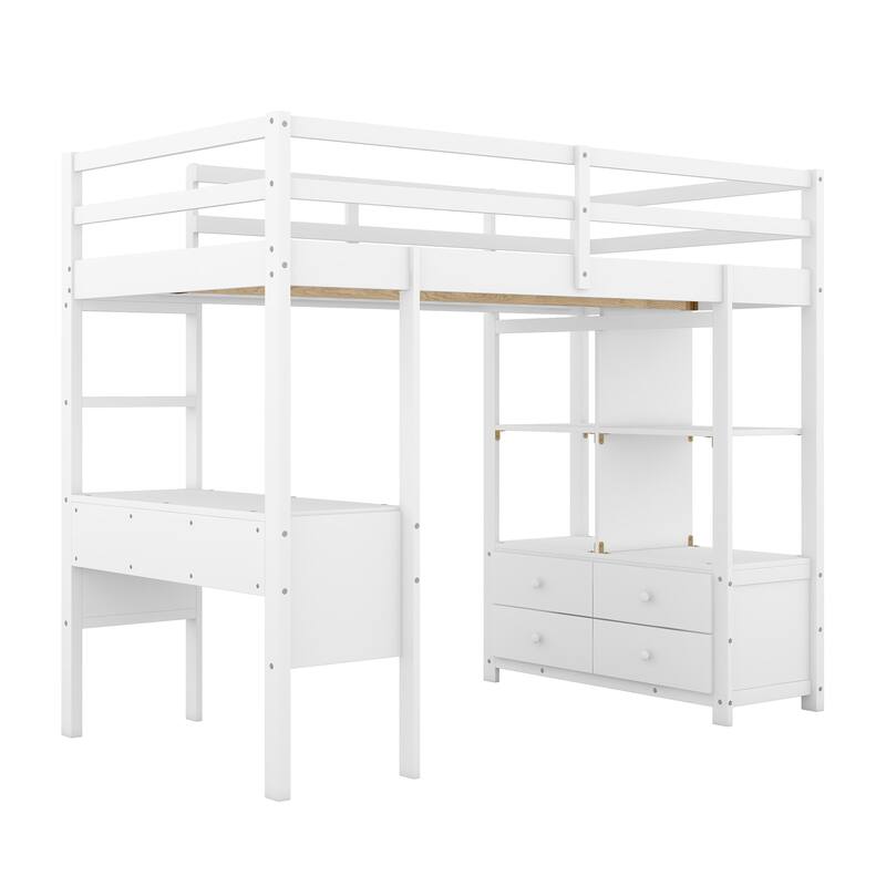 Pine Wood Loft Bed with Built-in Desk, Drawers, and Storage