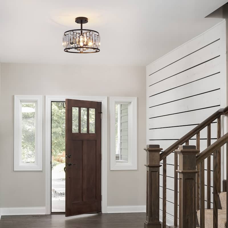 3-Light Modern Farmhouse Crystal Drum Semi-Flush Mount Lighting, Classic Semi Flush Mount Chandelier for Living Room Dining