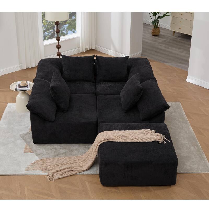 142" L Shaped Modular Sectional Sofa, 5 Piece Couch, Convertible Sleeper, Chenille, Black