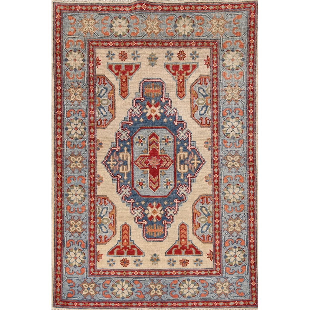 Ivory Geometric Kazak Oriental Accent Rug Handmade Wool Carpet - 3'5"x 4'11"