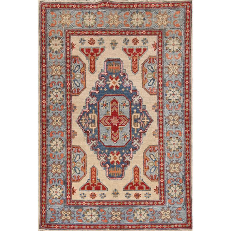 Ivory Geometric Kazak Oriental Accent Rug Handmade Wool Carpet - 3'5"x 4'11"