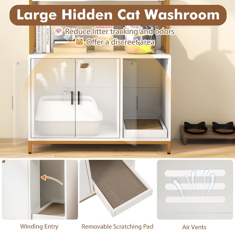 Cat Litter Box Cabinet with Storage Space & 3-Tier Shelves, Modern Design - 33.5" x 18" x 61"