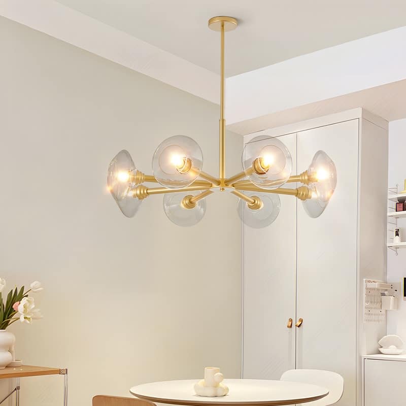 Modern Gold Sputnik Chandelier with Clear Glass Shades, Mid-Century Hanging Pendant Light Fixture for Dining Room.