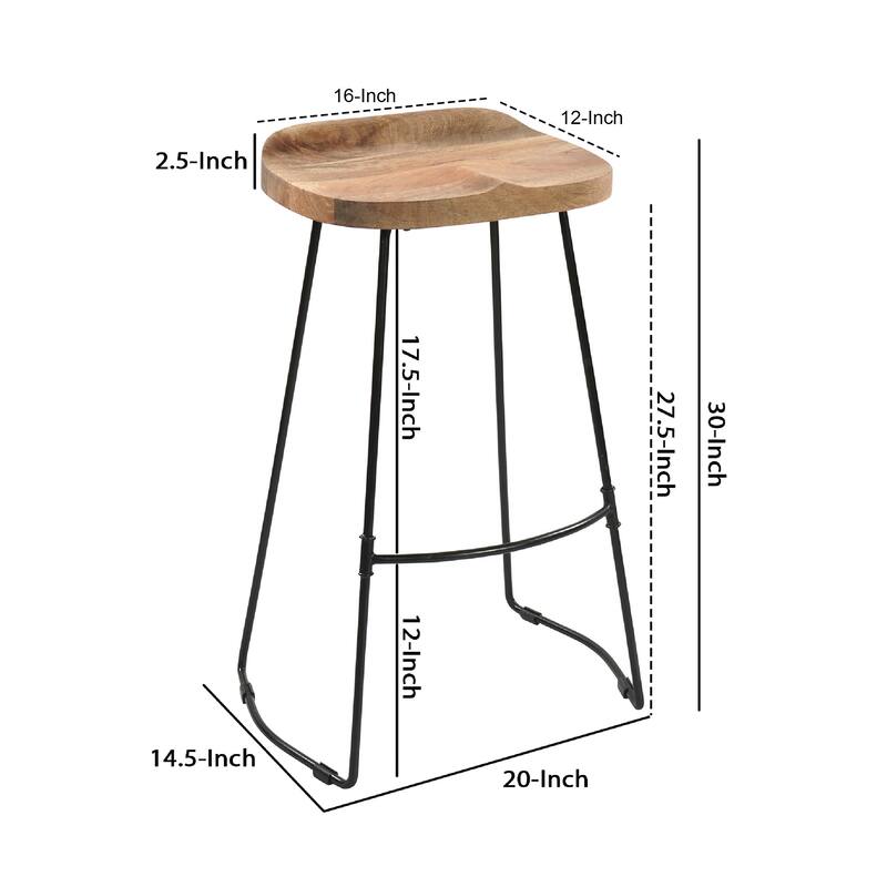 Tiva 30 Inch Handcrafted Backless Barstool, Natural Brown Mango Wood Saddle Seat, Black Metal Base