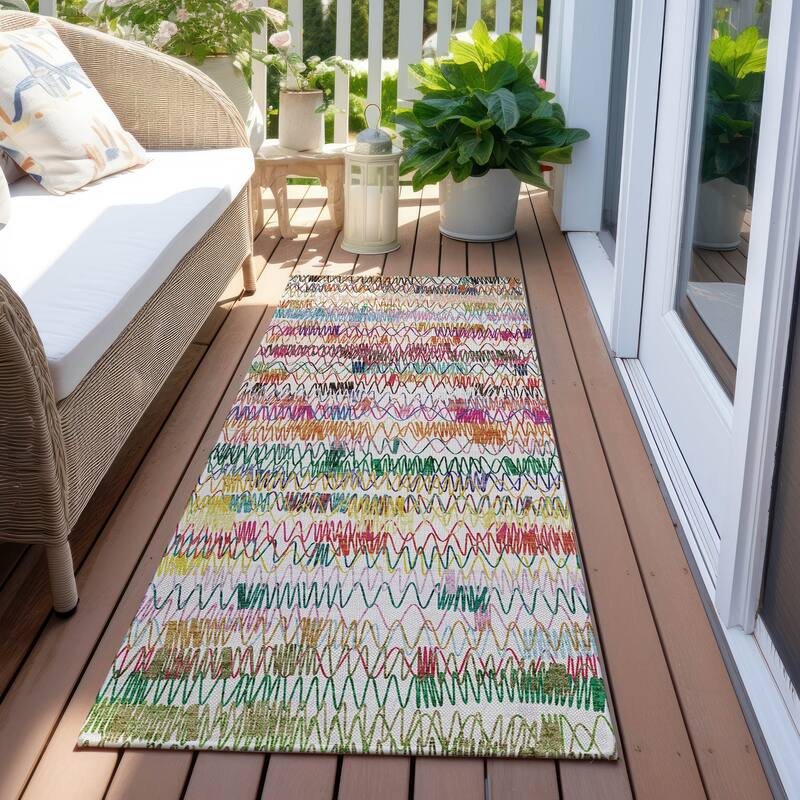 Machine Washable Indoor/ Outdoor Chantille Abstract Zig Zag Rug - Green - 2'3" x 7'6"