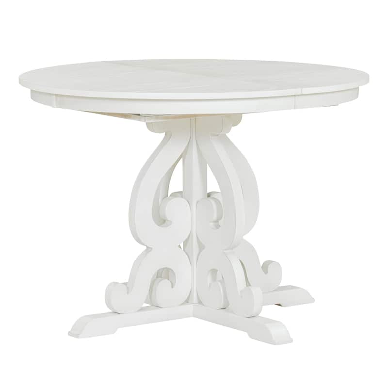 Carved Hollowed Dining Table Legs, 5-Piece Extendable Dining Table Set, Round (42'') to Oval (58''), 4 Linen Cushions Chairs