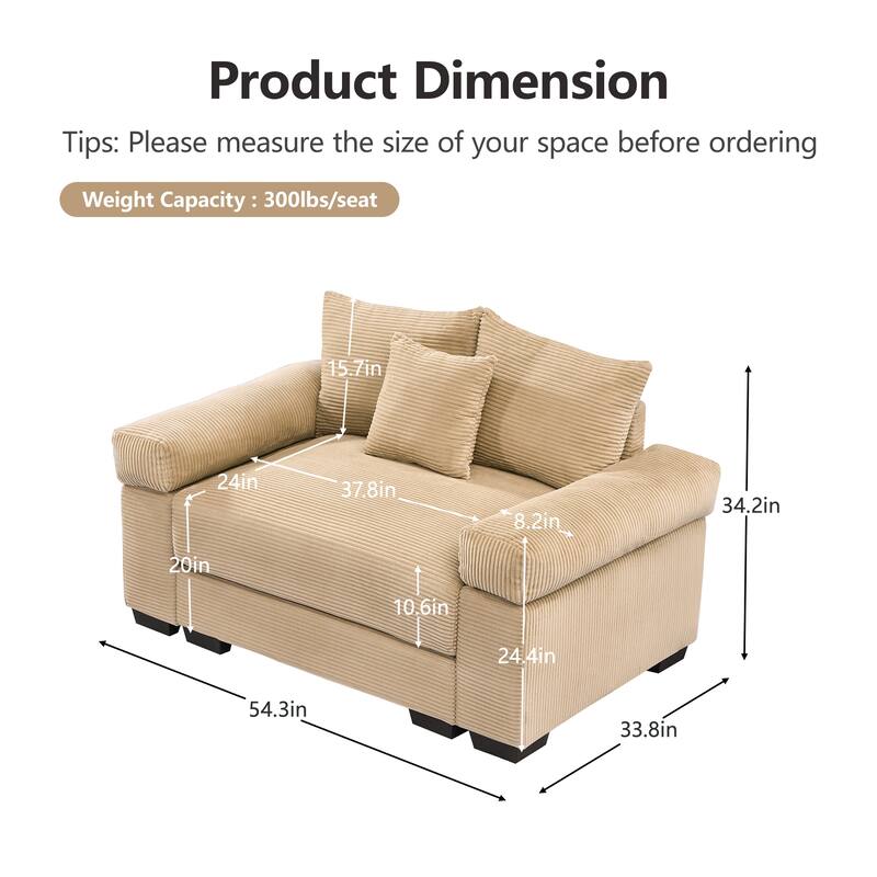 Roomfitters 54.3" Oversized Cloud Modular Sofa, Deep Seat Corduroy Couch with Extra-Thick Armrests