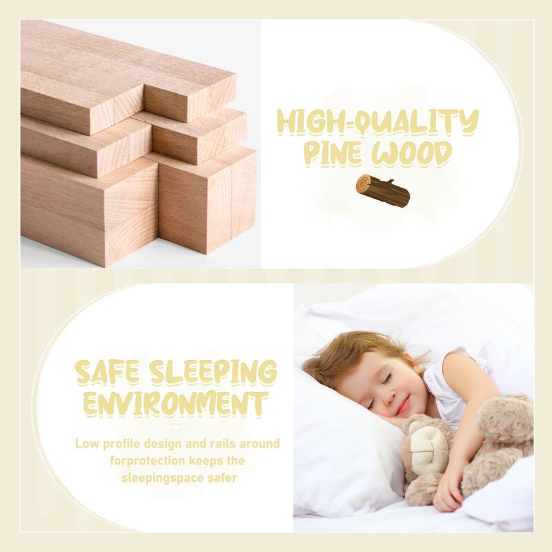 Queen Size Pine Wood Floor Bed with Safety Guardrails and Door for Kids, Boys, Girls, Bedroom