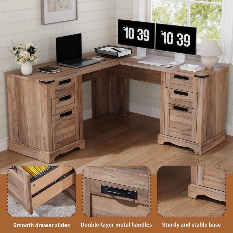 L Shaped Desk, Wood Office Desk with Charging Station, File Drawer