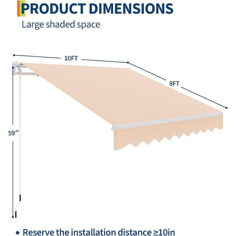 10'x8' Retractable Waterproof Patio Awning, Sun Shade Awning with Manual Crank Handle - N/A